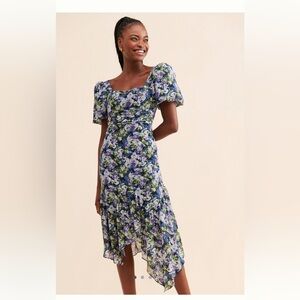 ASTR the Label Blue Floral Puff Sleeve Midi Dress - Size M
